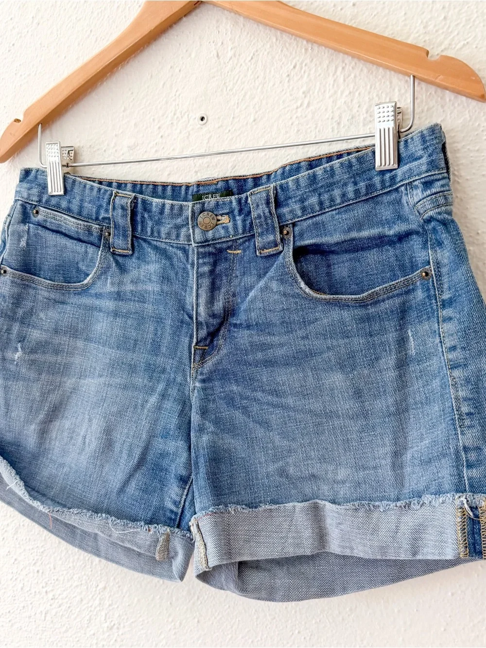 J.Crew 5" High-Rise Light Wash Rolled Cuff Distressed Denim Shorts - Picture 4 of 10